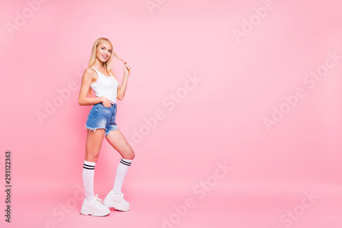 Full size profile photo of pretty lady with perfect shapes cool look wear casual trendy outfit isolated pink color background