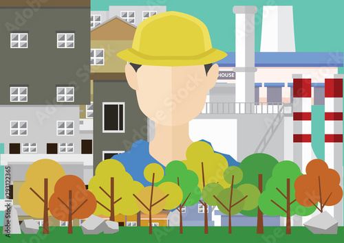artoon style illustration Eco concept of living between the community and the industrial group There is a picture of a person in the middle and a forest on the bottom.