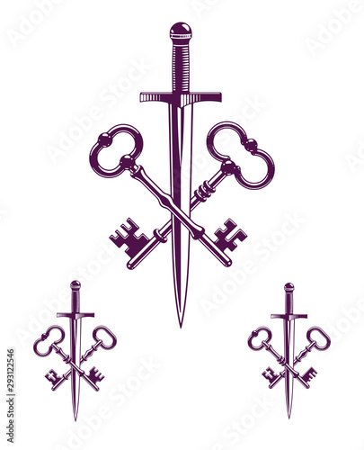 Crossed keys and dagger vector symbol emblem, turnkeys and sword, protected secrets, secured power, ancient vintage logo or emblem.