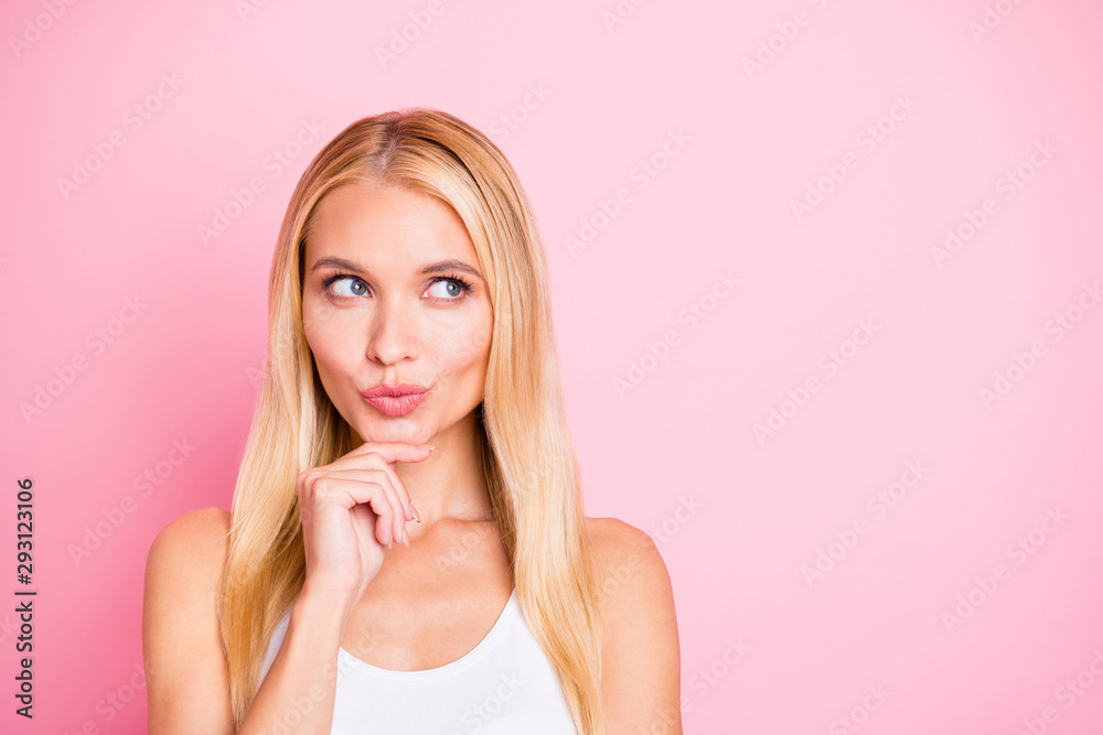 Closeup photo of pretty lady looking side empty space have brilliant idea wear casual trend outfit isolated pink color background Closeup photo of pretty lady looking side empty space have brilliant idea wear casual trend outfit isolated pink color background