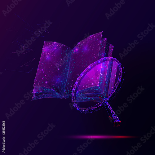 Book and magnifier low poly vector illustration. 3d magnifying glass near open encyclopedia. Polygonal textbook mesh art with connected dots. Information search, scientific research metaphor