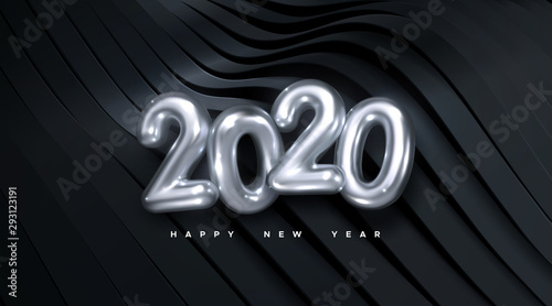 Happy New 2020 Year. Holiday vector illustration of silver metallic numbers 2020 on wavy black ribbon background. Realistic 3d sign. Festive poster or banner design. Modern cover design