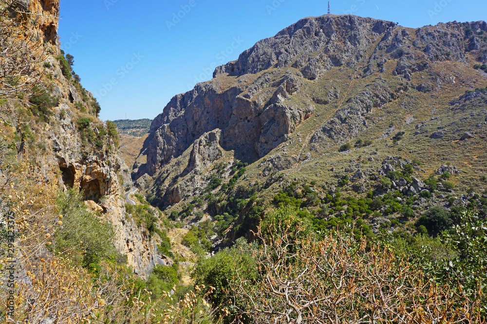 Panoramic view of the Topolia (Topolia's) Gorge, a vertical image for the background. Crete, Greece.