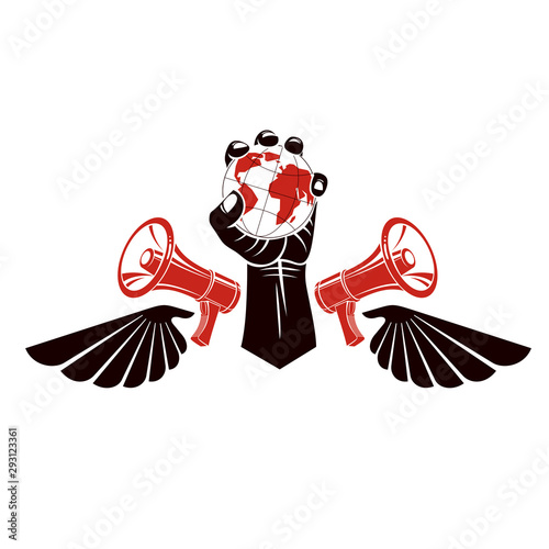 Decorative vector emblem composed with muscular raised clenched fist holding globe, liberty wings and megaphones. Politics and authority as the components of propaganda.
