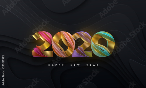 Happy New 2020 Year. Vector holiday illustration. Colorful layered numbers 2020 isolated on black paper cut background. Festive event banner. Decoration element for poster or cover design