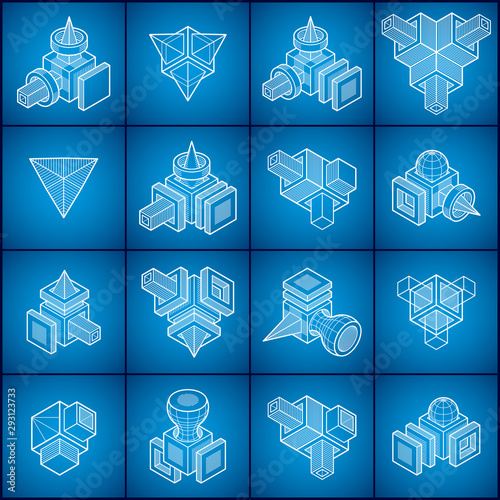 3D designs, abstract vector shapes set.