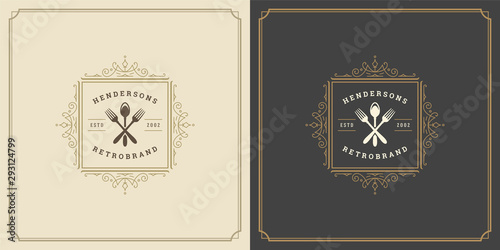 Restaurant logo template vector illustration fork and spoon symbol and ornament swirls good for menu and cafe sign.