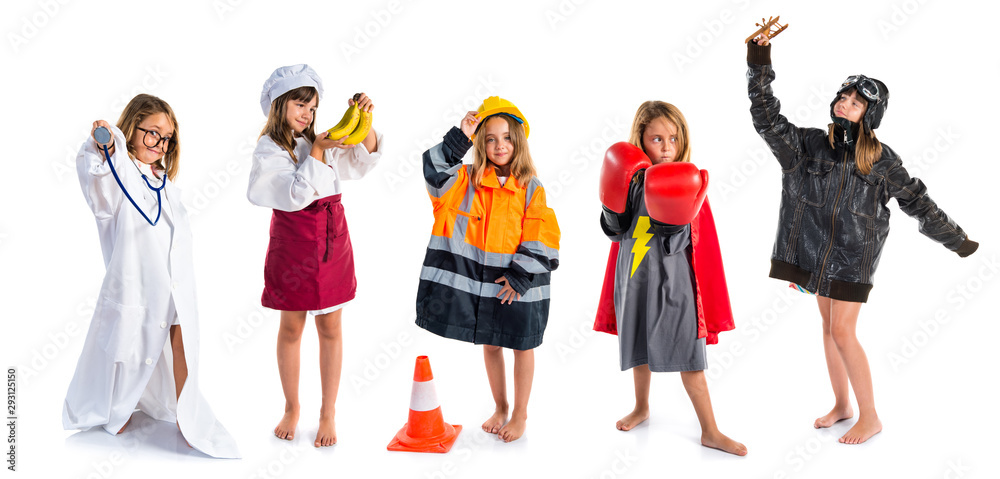 Obraz premium Little blonde girl dressed like labourer