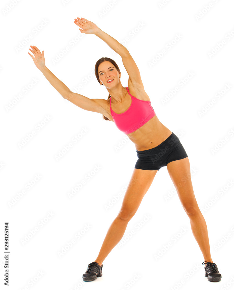 Young fitness brunette woman in red top and black shorts Young fitness brunette woman in red top and black shorts