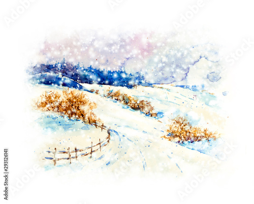 Winter landscape. Watercolor hand drawn illustration. Watercolor christmas. Winter forest. Winter snow fields and trees