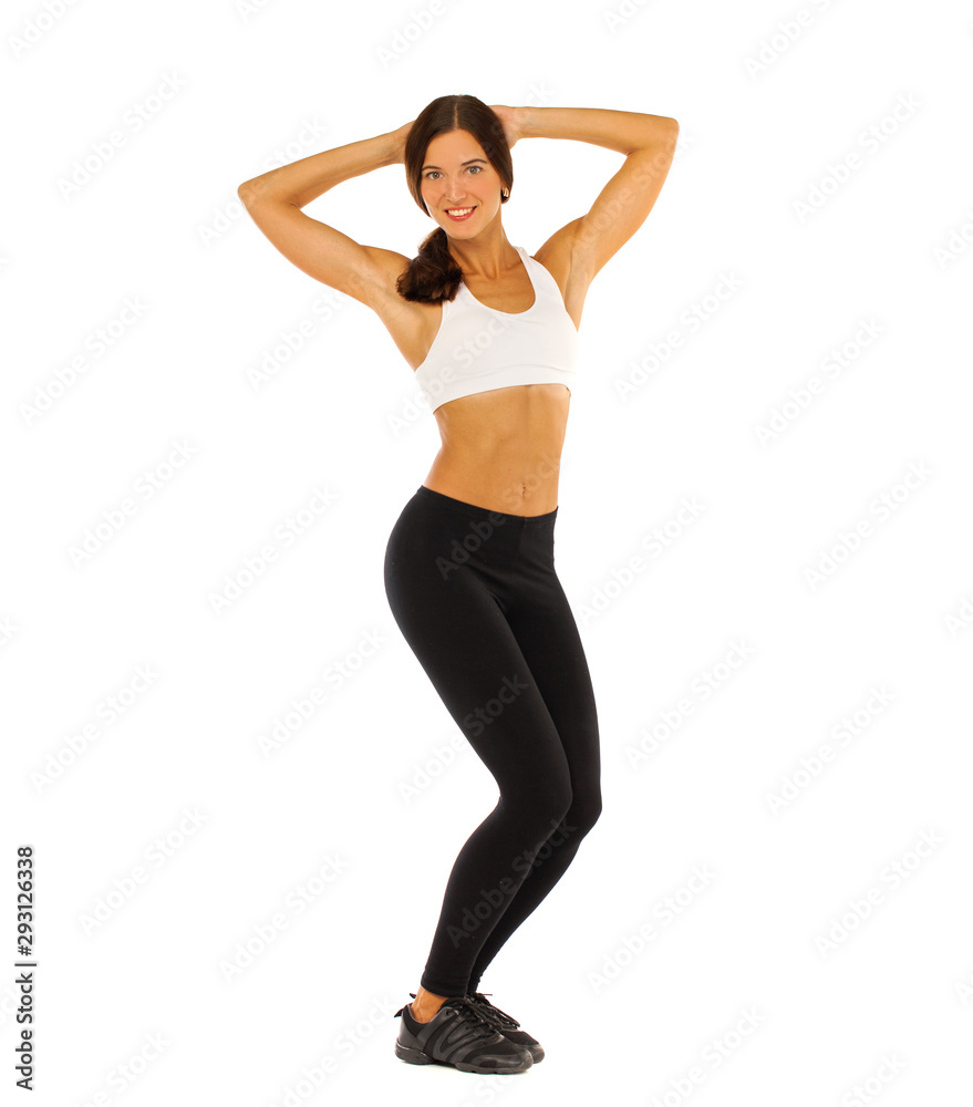 Young healthy girl doing exercises, full length portrait isolated over white background Young healthy girl doing exercises, full length portrait isolated over white background