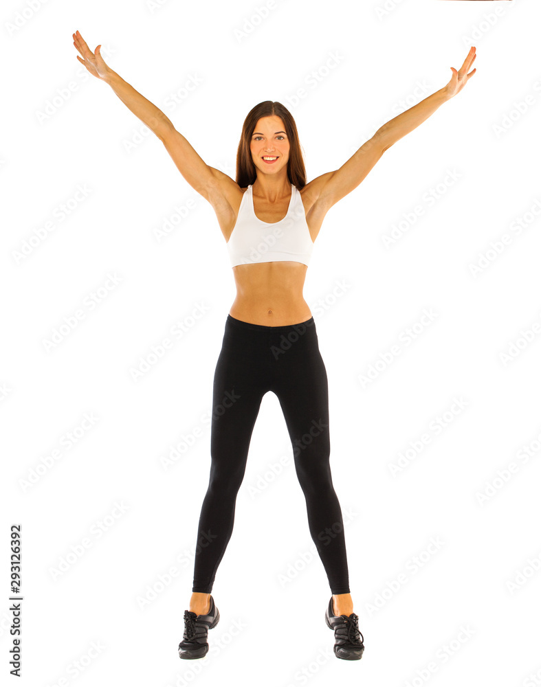 Young healthy girl doing exercises, full length portrait isolated over white background Young healthy girl doing exercises, full length portrait isolated over white background