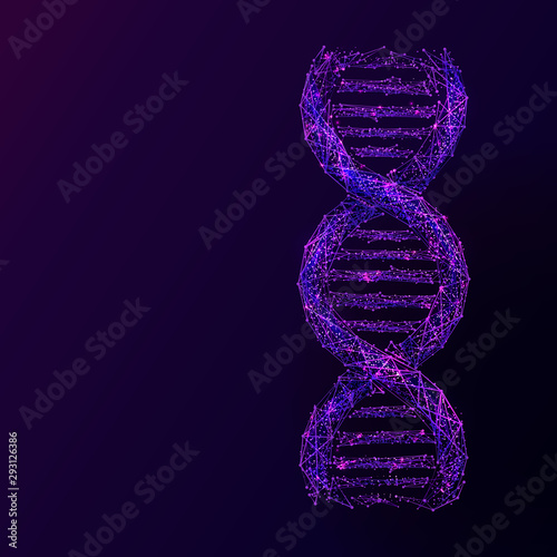 DNA link. Science Technological concept. Polygonal abstract health illustration. Low poly purple vector illustration of a starry sky or Cosmos. Vector image in RGB Color mode.