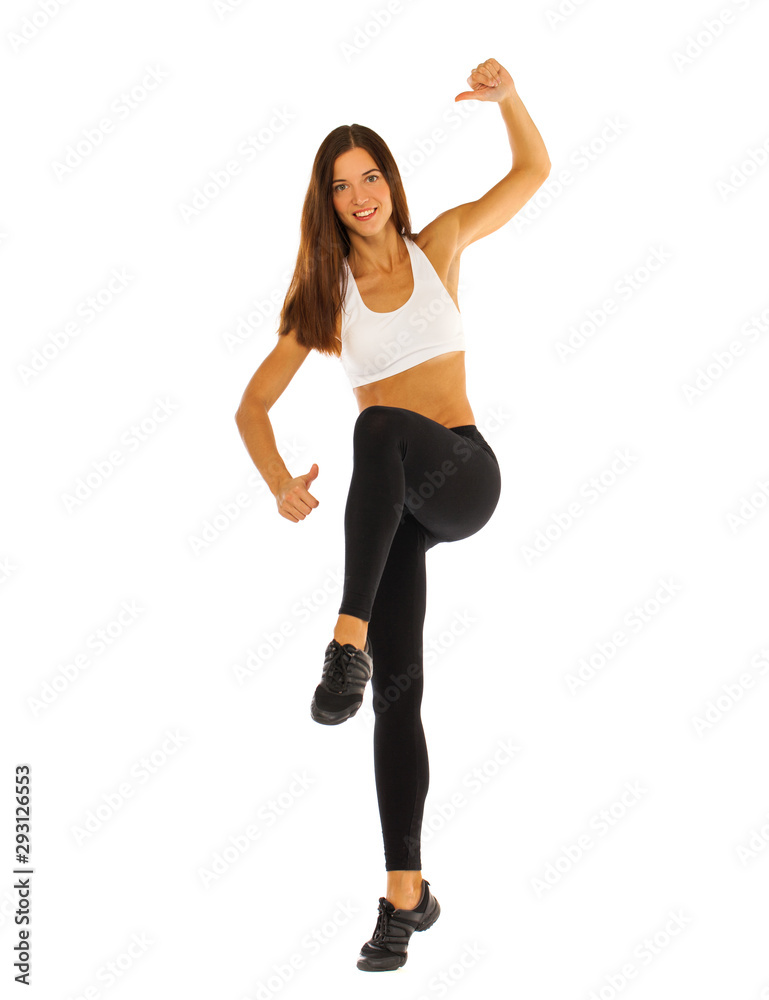 Young healthy girl doing exercises, full length portrait isolated over white background Young healthy girl doing exercises, full length portrait isolated over white background