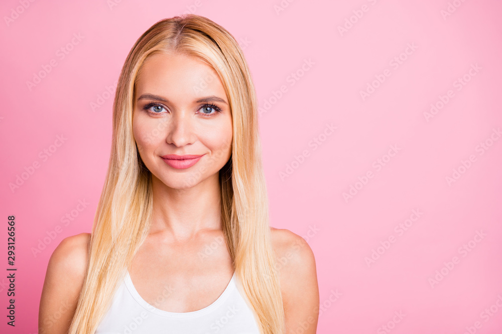 Closeup photo of amazing lady in good mood look peacefully on camera wear white tank-top isolated on pink color background Closeup photo of amazing lady in good mood look peacefully on camera wear white tank-top isolated on pink color background