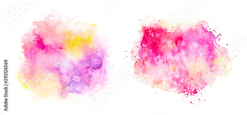 Watercolor splash. Watercolor paint stains. Watercolor background. Abstract pink watercolor on white background.