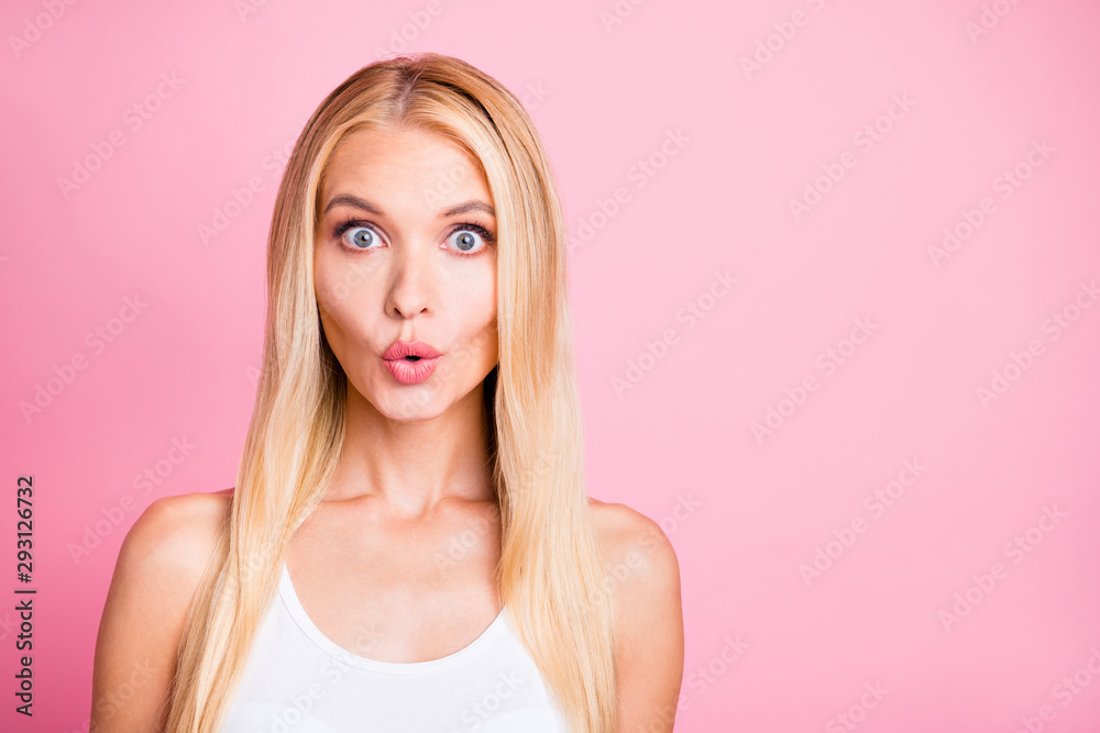 Close up photo of astonished girl hear incredible frightened news say omg wear white modern tank-top isolated over pastel color background Close up photo of astonished girl hear incredible frightened news say omg wear white modern tank-top isolated over pastel color background