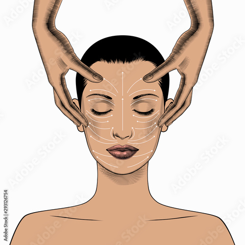 Face massage instruction. Beautiful Young Woman with Clean Fresh Skin.