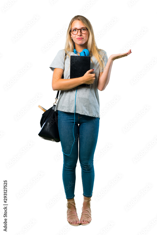 A full-length shot of Student girl with glasses having doubts and with confuse face expression while raising hands and shoulders Uncertain concept on isolated white background A full-length shot of Student girl with glasses having doubts and with confuse face expression while raising hands and shoulders Uncertain concept on isolated white background