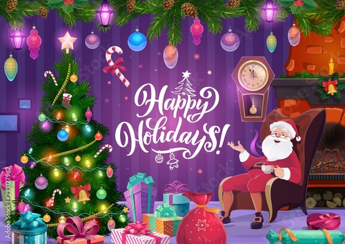 Santa, Christmas fireplace and New Year gifts