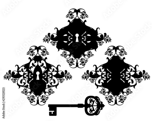 vintage style ornate keyhole and skeleton key - rose flowers ornate black and white vector silhouette design