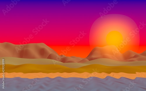 Sun Sea Beach. Sunrise. Ocean shore line with waves on a beach. Island beach paradise with waves. Vacation, summer, relaxation. Seascape, seashore. Minimalist landscape, primitivism. 3D illustration