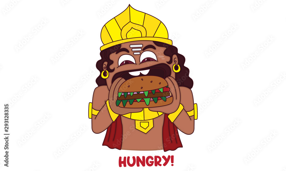 Vector cartoon illustration of ravan eating burger. Lettering hungry text. Isolated on white background. Stock Vector | Adobe Stock Vector cartoon illustration of ravan eating burger. Lettering hungry text. Isolated on white background. Stock Vector | Adobe Stock