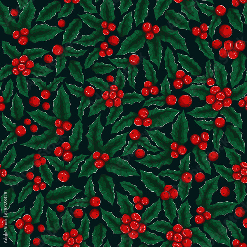 Holly mistletoe natural winter vector christmas seamless pattern on dark green background. Xmas holly berry seamless pattern holiday vector. Traditional red mistletoe branch retro background.