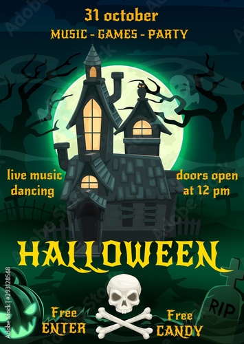 Halloween ghosts, pumpkins and haunted house