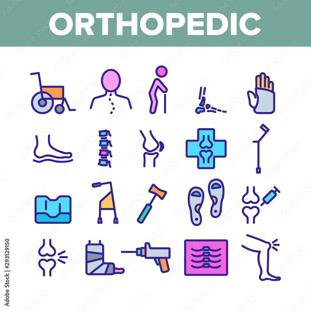 Orthopedic Collection Elements Vector Icons Set Thin Line. Orthopedic And Trauma Rehabilitation, Cervical Collar And Walkers Concept Linear Pictograms. Medical Rehab Color Contour Illustrations Orthopedic Collection Elements Vector Icons Set Thin Line. Orthopedic And Trauma Rehabilitation, Cervical Collar And Walkers Concept Linear Pictograms. Medical Rehab Color Contour Illustrations