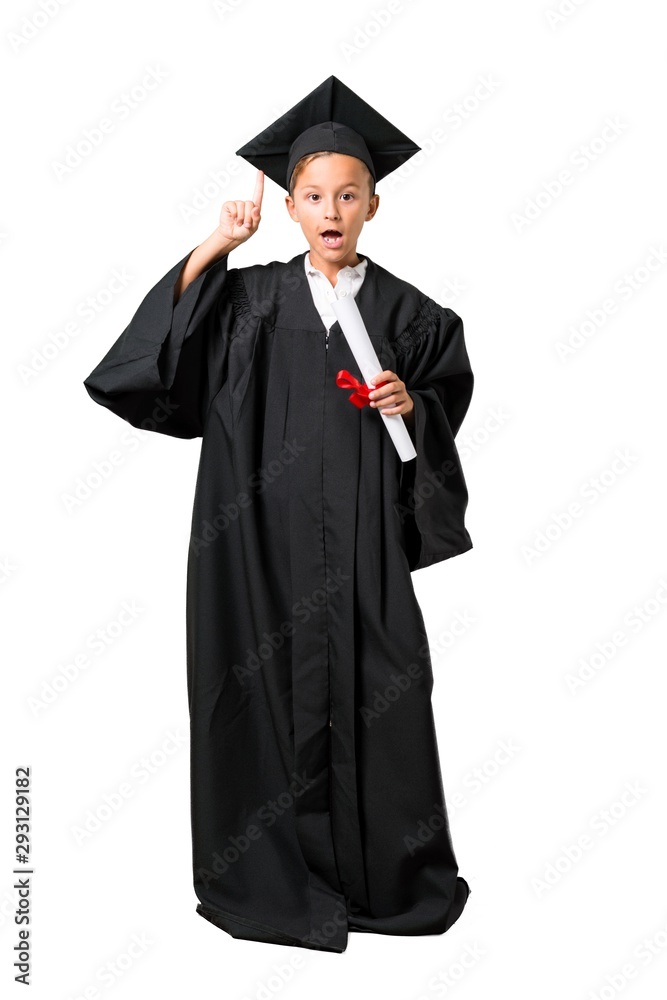 Full body of Little boy graduating intending to realizes the solution on isolated white background Full body of Little boy graduating intending to realizes the solution on isolated white background