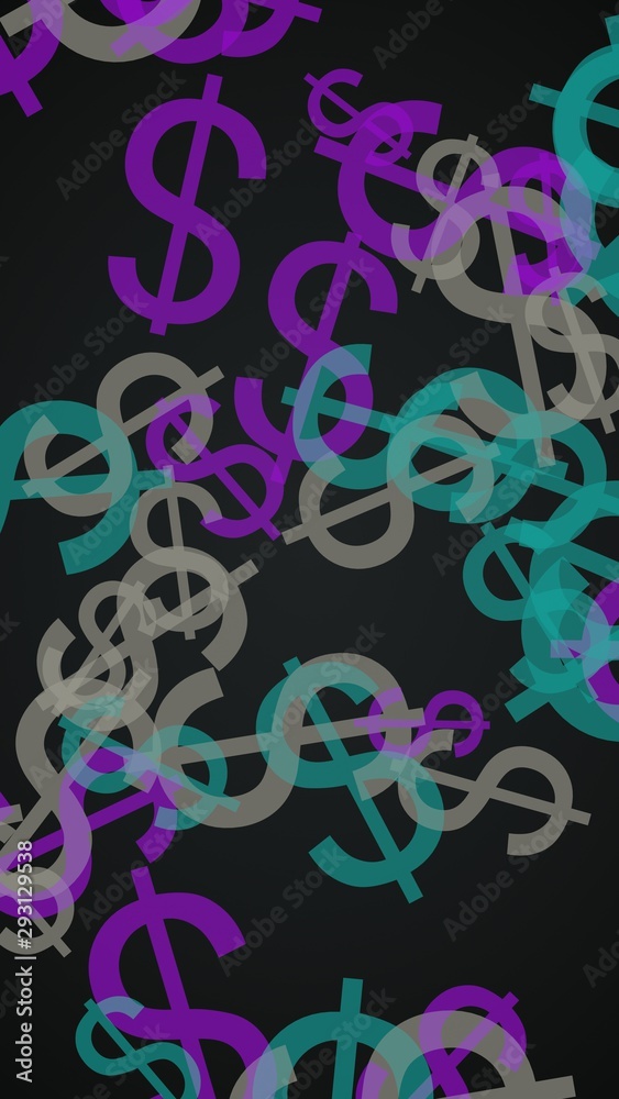 Multicolored translucent dollar signs on dark background. Red tones. 3D illustration Multicolored translucent dollar signs on dark background. Red tones. 3D illustration