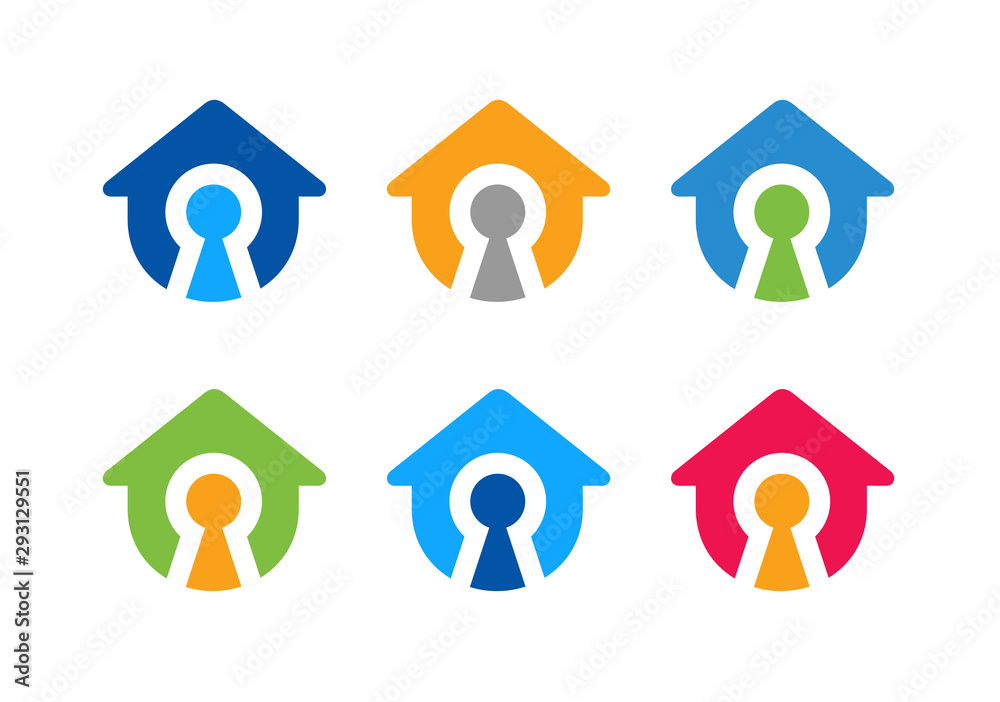 Home protection logo set, house and key hole icon - Vector, Home protection logo set, house and key hole icon - Vector,