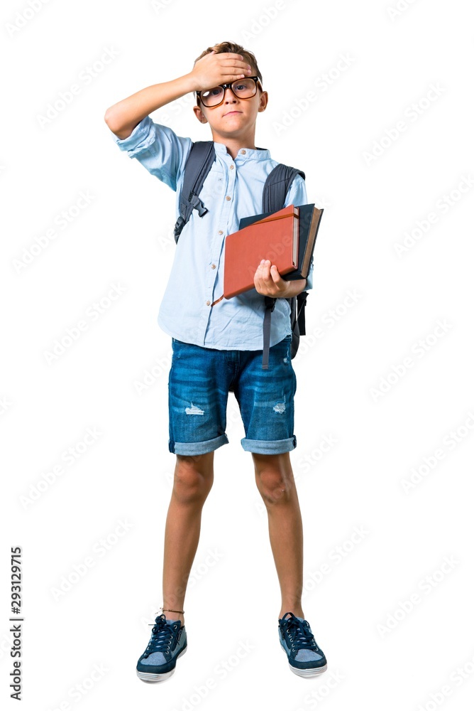 Full body of Student boy with backpack and glasses covering eyes by hands on isolated white background Full body of Student boy with backpack and glasses covering eyes by hands on isolated white background