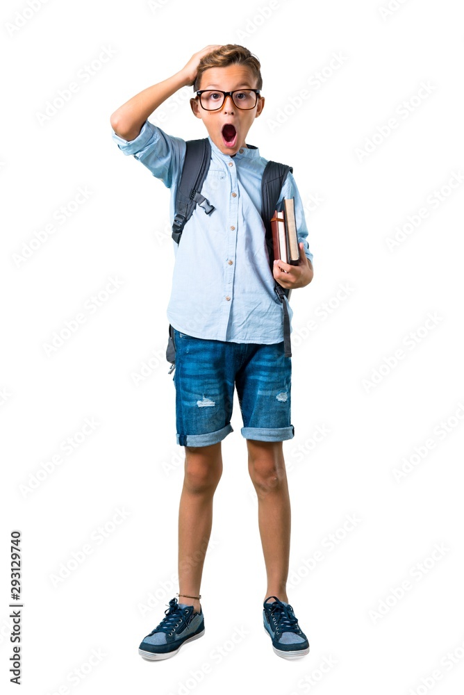 Full body of Student boy with backpack and glasses unhappy and frustrated with something. Negative facial expression on isolated white background Full body of Student boy with backpack and glasses unhappy and frustrated with something. Negative facial expression on isolated white background
