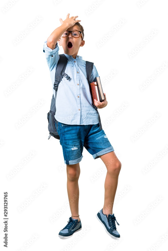 Full body of Student boy with backpack and glasses intending to realizes the solution on isolated white background Full body of Student boy with backpack and glasses intending to realizes the solution on isolated white background