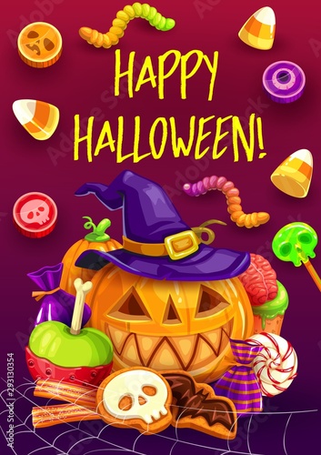 Halloween trick or treat candy, pumpkin, witch hat