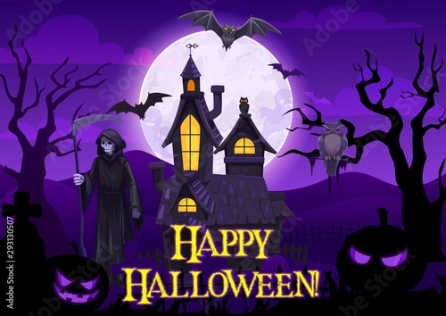 Halloween ghosts, bats, pumpkin and death skeleton