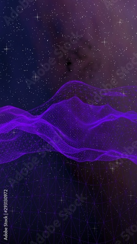 Abstract ultraviolet landscape on a dark background. Purple cyberspace grid. hi tech network. Outer space. Violet starry outer space texture. 3D illustration