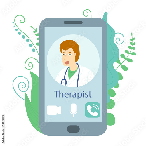 Smartphone with virtual doctor flat style. Doctor in your phone illustration. Concept for online medical consultation and remote treatment and diagnosis. Virtual health care online medicine. -  Vector