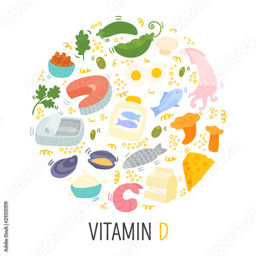 Vitamin D doodle flat illustration in circle. Hand drawn illustration of different food rich of vitamin D. - Vector. Nutritional and dietary concept. Vitamin D sources isolated on white background