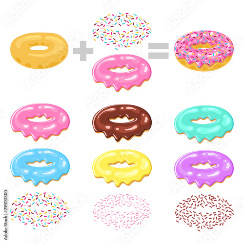 Construct your donut. Concept donuts designer : basis of donut, glaze and different toppings