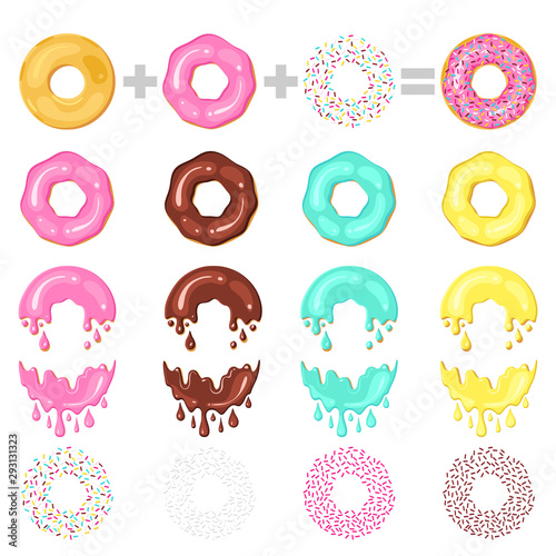 Construct your donut. Concept donuts designer : basis of donut, glaze and different toppings