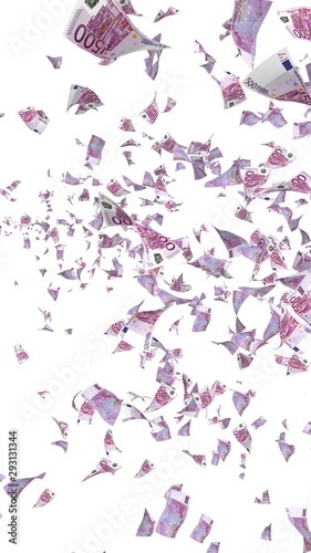 Flying euro banknotes isolated on a white background. Money is flying in the air. 500 EURO in color. 3D illustration