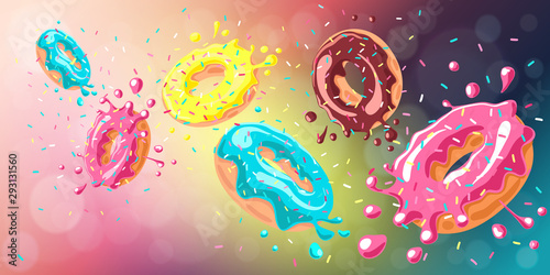 Pink donuts, chocolate donut, lemon and blue mint  donut falling on chocolate background. Splashes of glaze and colored sprinkles. Vector background, horizontal banner.