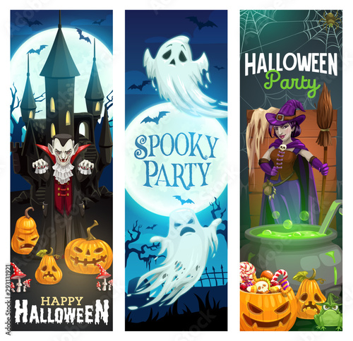 Halloween ghost, pumpkins, bats, witch and vampire