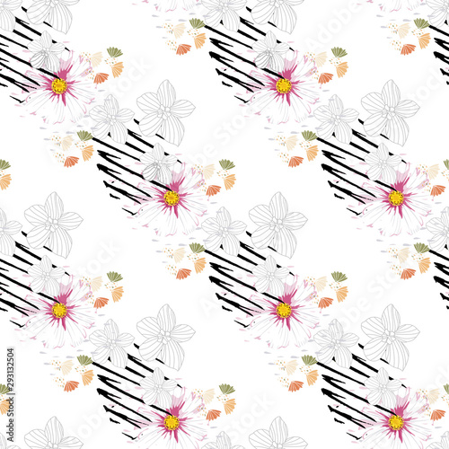Abstract grunge shapes and flowers wild chamomile seamless pattern. Daisy flower vector background.