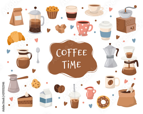 Coffee collection, different coffee elements with lettering. Cute cartoon icons in hand drawn style. Vector illustration
