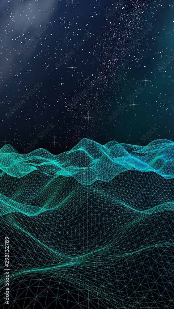 Fototapeta premium Abstract landscape on a dark background. Cyberspace grid. hi tech network. Outer space. Vertical orientation. Starry outer space texture. 3D illustration