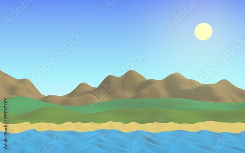 Sun Sea Beach. Noon. Ocean shore line with waves on a beach. Island beach paradise with waves. Vacation, summer, relaxation. Seascape, seashore. Minimalist landscape, primitivism. 3D illustration